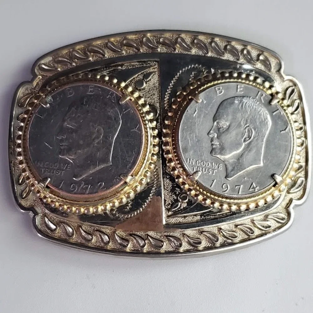 Vintage Eisenhower Dollar Belt Buckle 1972 1974 Two Tone Western Coin Buckle